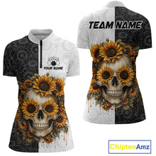 Load image into Gallery viewer, T-shirt with skull and sunflower design on a white background, featuring customizable text areas.