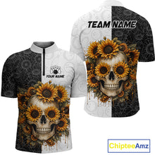 Load image into Gallery viewer, Two shirts with skull and sunflower design on a white background, featuring 'Team Name' and 'Your Name' text.