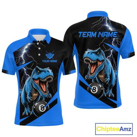 Front and back views of a custom short-sleeve polo shirt featuring a blue and black dinosaur design with lightning bolts, a 8-ball graphic, and customizable text areas.
