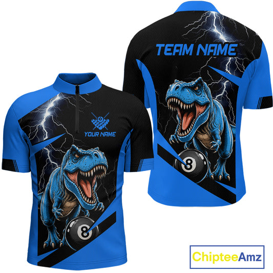 Custom short-sleeve quarter-zip jersey shown from the front and back, featuring a blue and black dinosaur graphic with lightning and an 8-ball design, with customizable text fields.