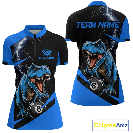 Front and back views of a short-sleeve cycling jersey featuring a blue T-Rex dinosaur, lightning graphics, and a black 8-ball design on a black and blue background. The front has placeholder text 'YOUR NAME' and 'TEAM NAME'.