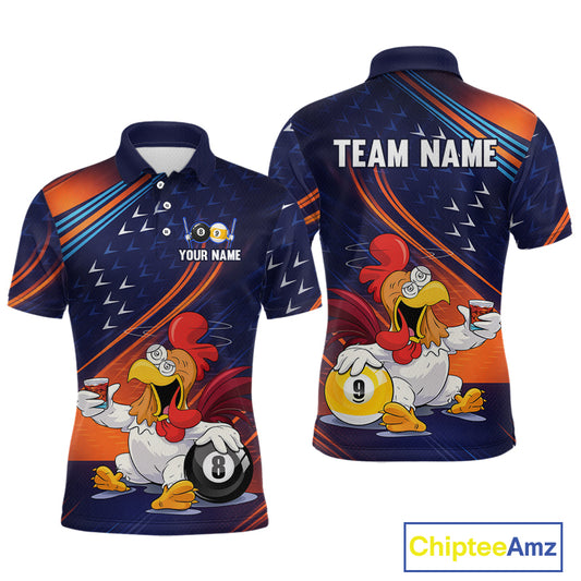 Custom short-sleeve polo shirt shown from the front and back, featuring a cartoon rooster holding billiard balls on a dark blue and orange background with diagonal stripes. The front has a placeholder for the name and number, and the back displays 'TEAM NAME' in white text.