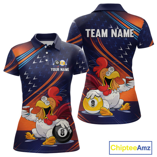 Customizable short-sleeve polo shirt shown from the front and back, featuring a dark navy blue base with orange and blue diagonal stripes, cartoon rooster graphics, pool ball illustrations, and placeholder text 'TEAM NAME' and 'YOUR NAME'.