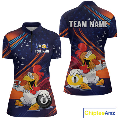 Customizable women's short-sleeve polo shirt shown from front and back on a white background. The shirt features a dark navy base with orange and blue diagonal stripes, a cartoon rooster holding pool balls, and placeholder text 'TEAM NAME' and 'YOUR NAME'.