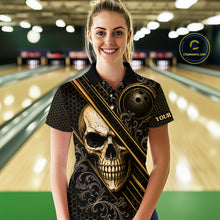 Load image into Gallery viewer, Woman wearing custom black &amp; gold skull crown bowling polo shirt, front view mockup, personalized bowling league jersey.
