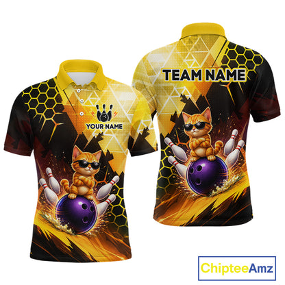 Polo shirt with a cat bowling design and customizable text on a white background