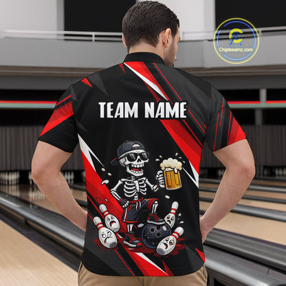 Funny Skeleton & Beer Bowling Shirt Custom Red Bowling Jersey Polo & 1/4 Zip Outfit for Men QZT830