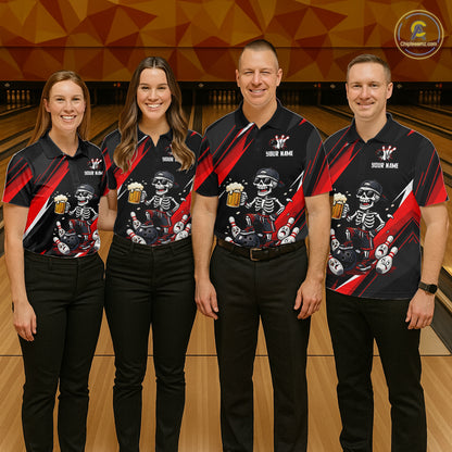 Funny Skeleton & Beer Bowling Shirt Custom Red Bowling Jersey Polo & 1/4 Zip Outfit for Women QZT830