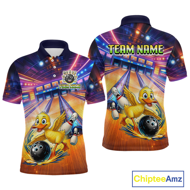Bowling-themed polo shirt with cartoon duck and bowling elements, featuring 'Chiptee Amz' branding.