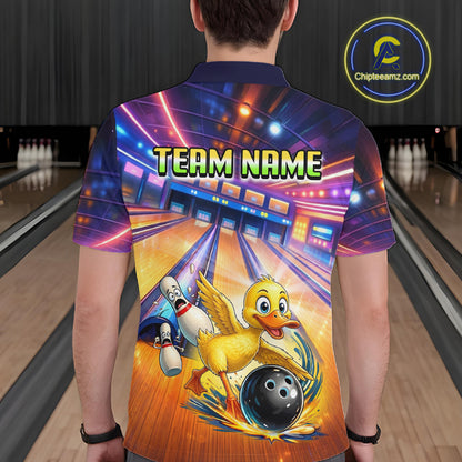 Person wearing a colorful bowling-themed shirt with a duck character in a bowling alley.
