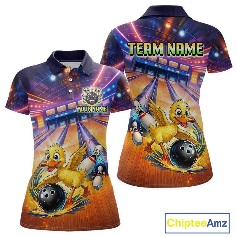 Bowling-themed polo shirt with cartoon ducks and customizable text on a white background