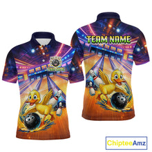Load image into Gallery viewer, Bowling-themed polo shirt with cartoon duck and bowling elements, featuring 'Chiptee Amz' branding.