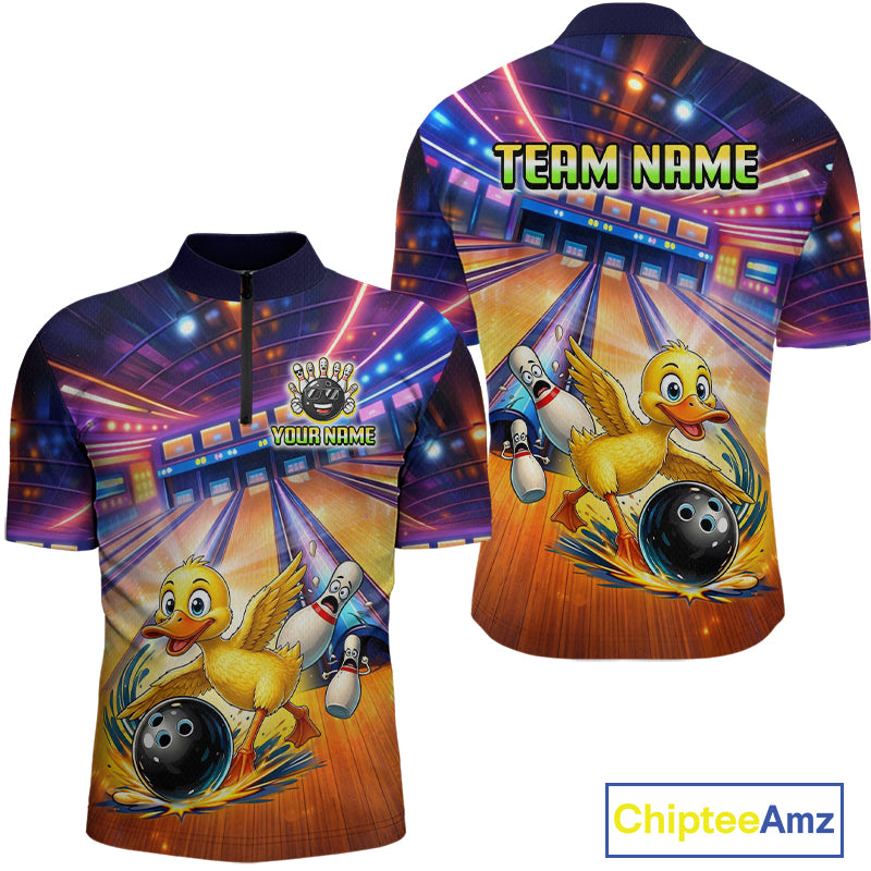 Bowling jersey with cartoon ducks and customizable text on a colorful background