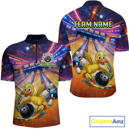 Bowling jersey with cartoon ducks and customizable text on a colorful background