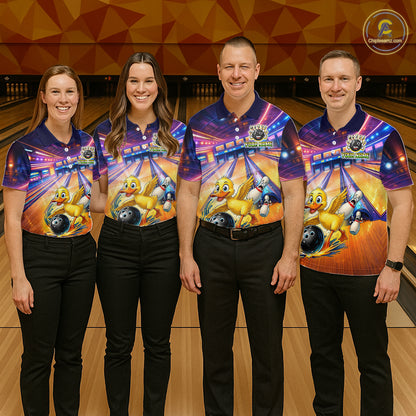 Four people wearing colorful bowling shirts with cartoon characters on a bowling alley.