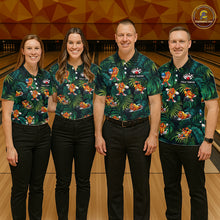 Load image into Gallery viewer, Four people wearing matching bowling shirts with a tropical design on a bowling alley.