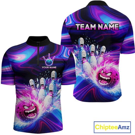 Custom Purple Blue Crazy Bowling Shirt for Men Polo & 1/4-Zip Bowling League Outfit QZT831