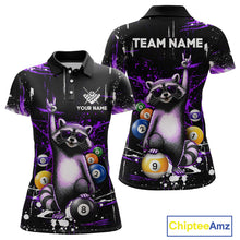 Load image into Gallery viewer, Black polo shirt with raccoon design and customizable text on a white background