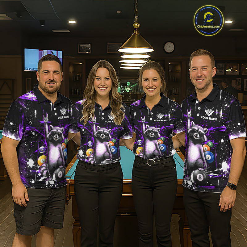 Custom Purple Funny Raccoon Billiard Shirt for Women 8 Ball & 9 Ball Pool Billiard Jersey Polo & 1/4-Zip BHT44