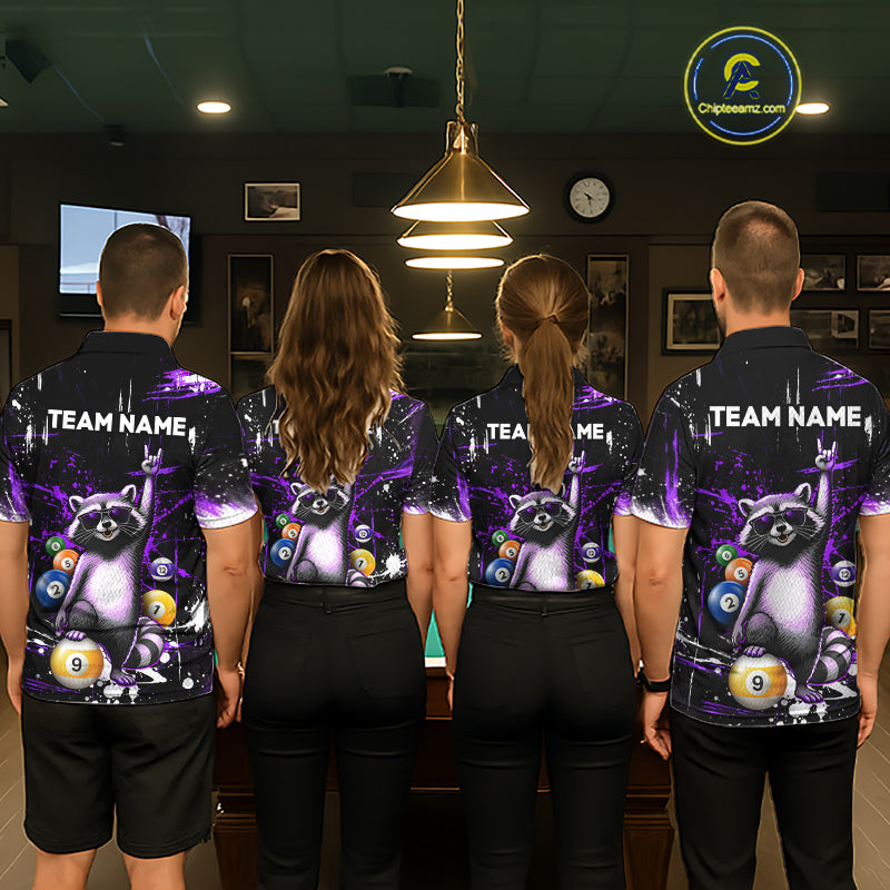 Custom Purple Funny Raccoon Billiard Shirt for Women 8 Ball & 9 Ball Pool Billiard Jersey Polo & 1/4-Zip BHT44