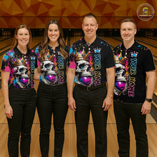 Load image into Gallery viewer, Four people wearing matching colorful shirts with skull designs on a bowling alley.
