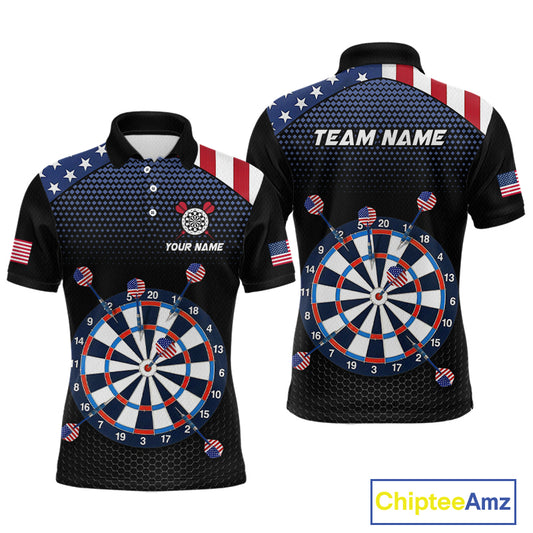 Front and back view of a custom patriotic dart polo shirt featuring an American flag dartboard graphic with personalized team name and player name.