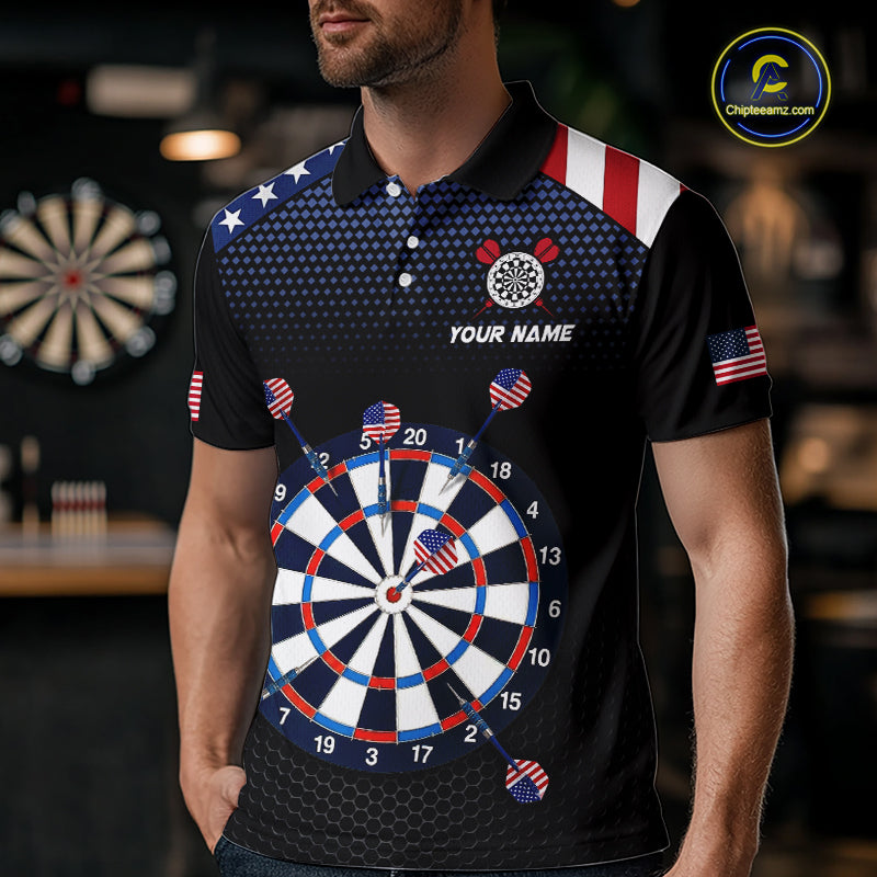 A man wearing a custom patriotic dart polo shirt featuring an American flag dartboard graphic in a professional dart room.