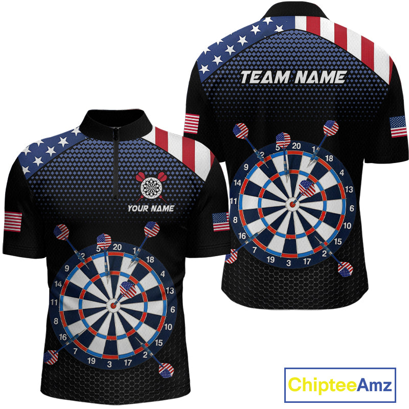 Front and back view of a custom patriotic dart quarter zip featuring an American flag dartboard graphic with personalized team name and player name.