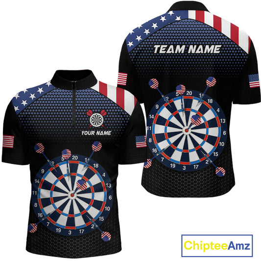 Front and back view of a custom patriotic dart quarter zip featuring an American flag dartboard graphic with personalized team name and player name.