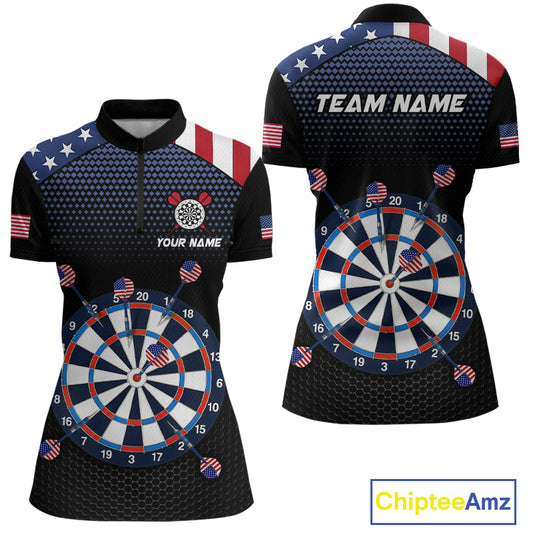 Front and back view of a custom patriotic dart quarter zip featuring an American flag dartboard graphic with personalized team name and player name.
