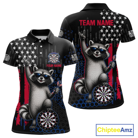 Front and back view of a custom patriotic dart polo shirt featuring an American flag raccoon holding darts beside a dartboard with personalized team name and player name.