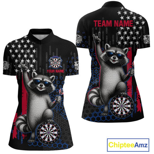 Front and back view of a custom patriotic dart quarter zip featuring an American flag raccoon holding darts beside a dartboard with personalized team name and player name.