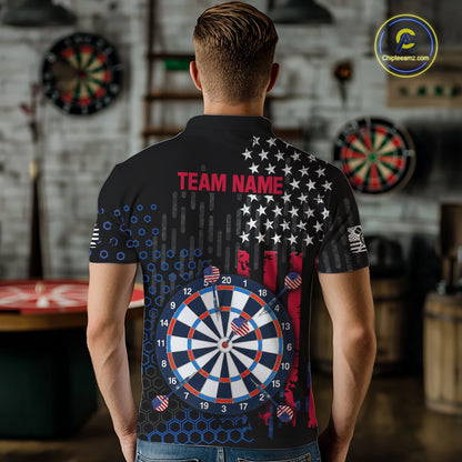 Back view of a male model wearing a custom black darts polo shirt featuring an American flag design, a large dartboard graphic, and 'TEAM NAME' printed in red