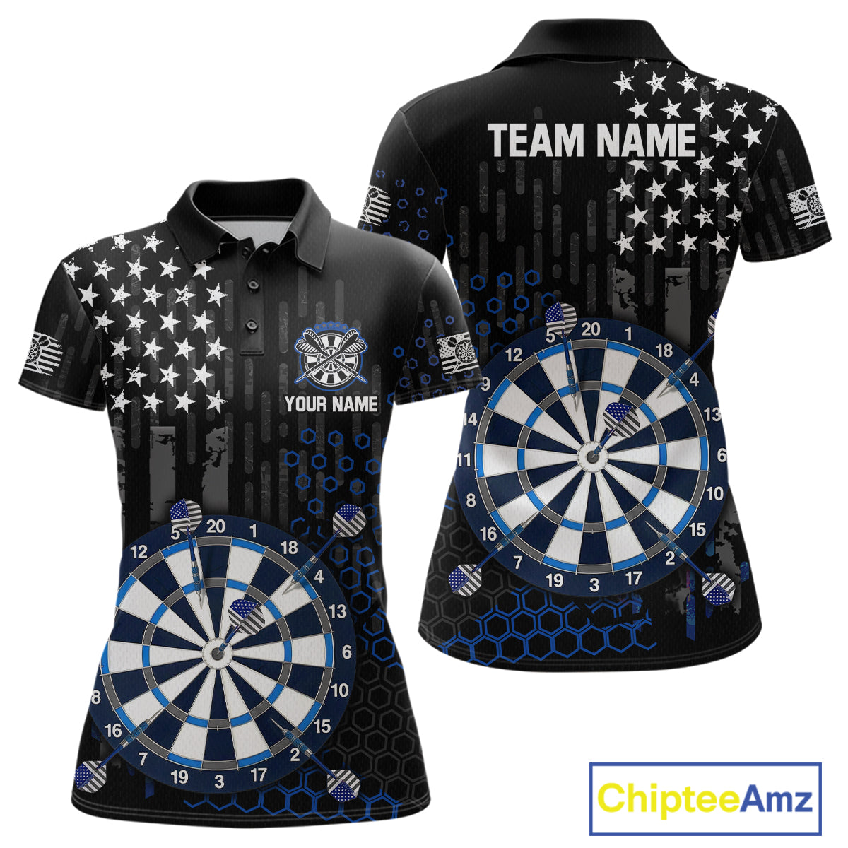 Custom darts polo shirt for women with American flag design and dartboard graphic, personalized team name and player name by ChipteeAmz