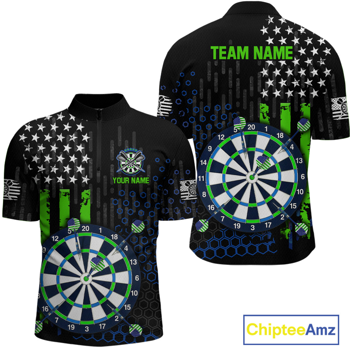 Custom darts quarter-zip jersey for men with green American flag design and dartboard graphic, personalized team name and player name by ChipteeAmz