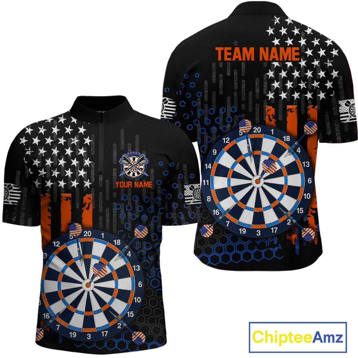 Custom darts quarter-zip jersey for men with American flag design and dartboard graphic, personalized team name and player name by ChipteeAmz