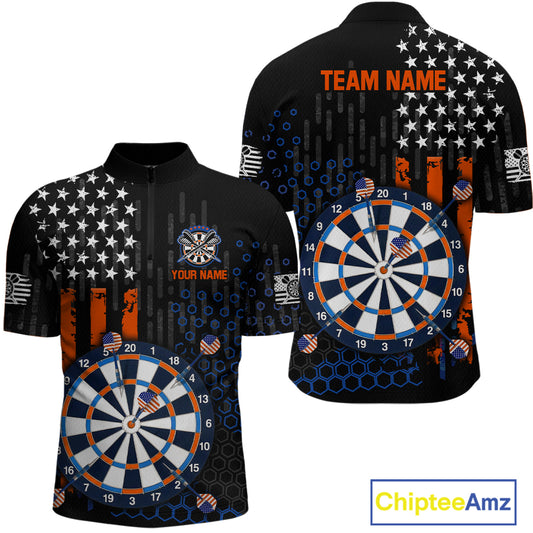 Custom darts quarter-zip jersey for men with American flag design and dartboard graphic, personalized team name and player name by ChipteeAmz