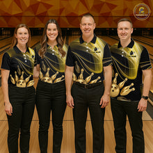 Load image into Gallery viewer, Four people wearing matching bowling shirts in a bowling alley.