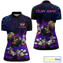 Load image into Gallery viewer, Bowling-themed shirt with cartoon characters and 'Team Name' text on a purple and black background, featuring the brand 'Chiptee Amz'.