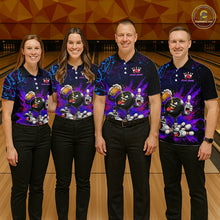 Load image into Gallery viewer, Four people wearing matching bowling team shirts in a bowling alley.
