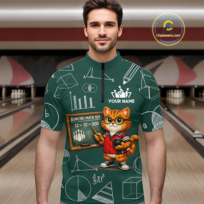 Funny Cat Bowling Math Shirt Personalized Polo & 1/4 Zip Shirt Bowling Team Jersey for Men QZT926