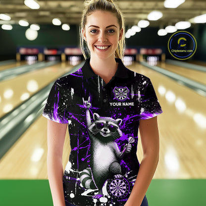 Custom Purple Funny Raccoon Dart Team Shirt for Women Dart Jersey Polo & /4-Zip Dartboard Shirt Outfit DHT29