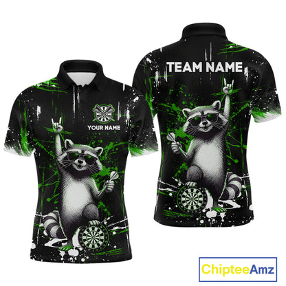 Custom Green Funny Raccoon Dart Team Shirt for Men Dart Jersey Polo & /4-Zip Dartboard Shirt Outfit DHT29