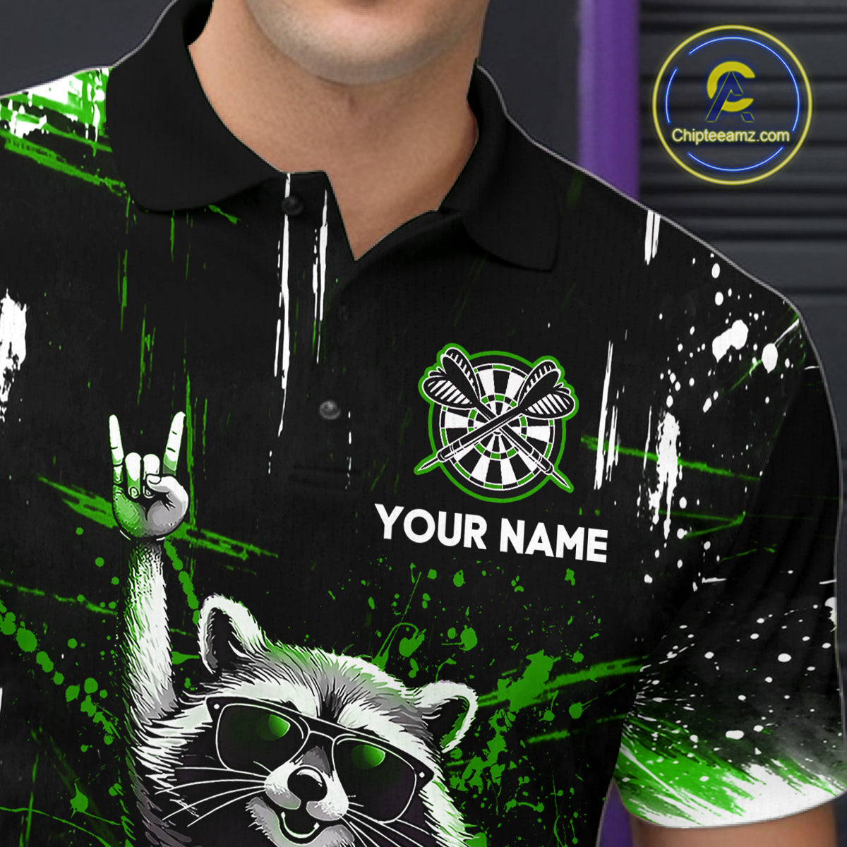 Custom Green Funny Raccoon Dart Team Shirt for Men Dart Jersey Polo & /4-Zip Dartboard Shirt Outfit DHT29