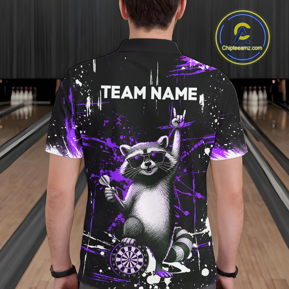 Custom Purple Funny Raccoon Dart Team Shirt for Men Dart Jersey Polo & /4-Zip Dartboard Shirt Outfit DHT29