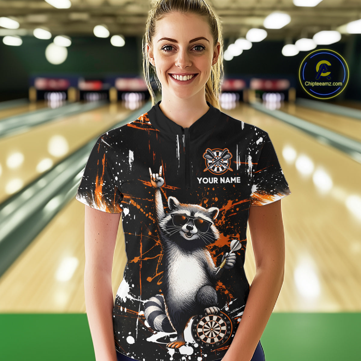 Custom Orange Funny Raccoon Dart Team Shirt for Women Dart Jersey Polo & /4-Zip Dartboard Shirt Outfit DHT29