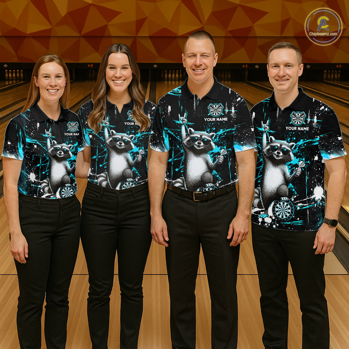 Custom Turquoise Funny Raccoon Dart Team Shirt for Women Dart Jersey Polo & /4-Zip Dartboard Shirt Outfit DHT29