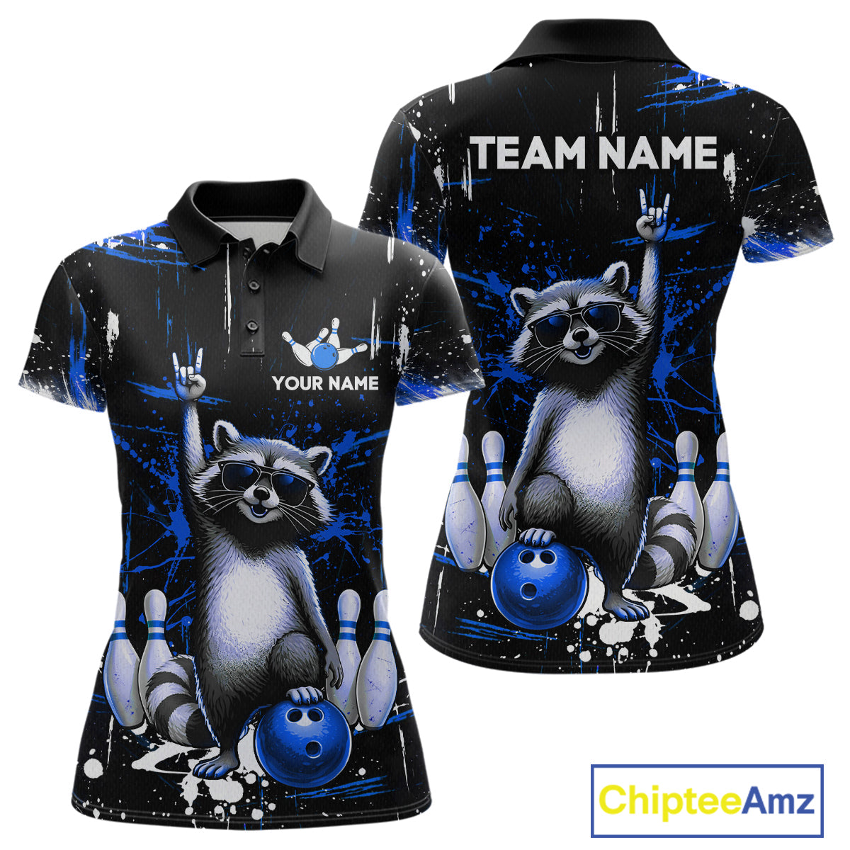 Custom Blue Funny Raccoon Bowling Shirt for Women Bowling Jersey Polo & 1/4-Zip Bowling Outfit QZT892