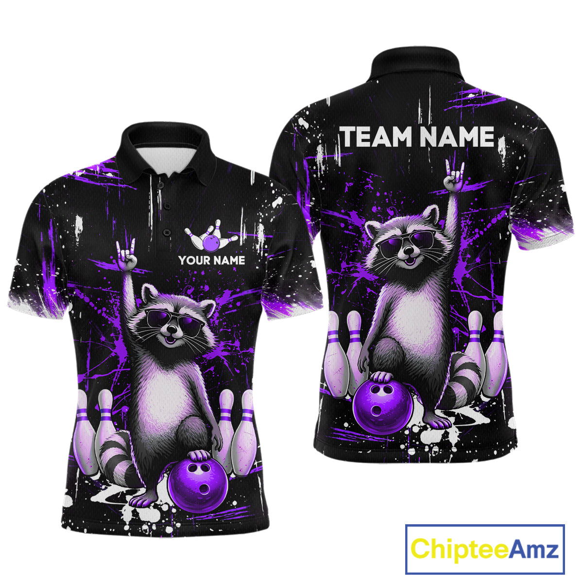 Custom Purple Funny Raccoon Bowling Shirt for Men Bowling Jersey Polo & 1/4-Zip Bowling Outfit QZT892