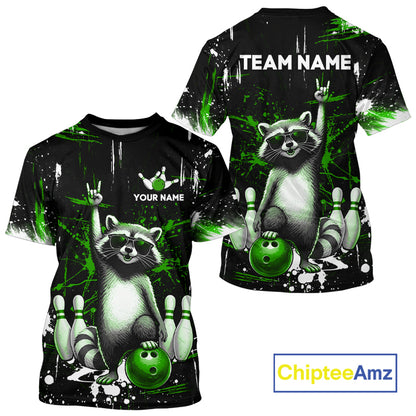Black and green t-shirt with raccoon design and customizable text, featuring the brand 'ChipteeAmz'.